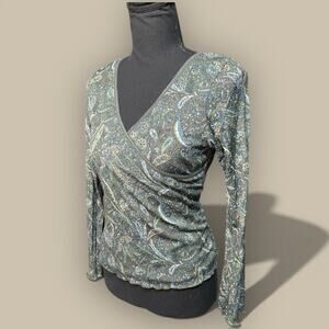 Boho Paisley Print Women Medium Green Long Sleeve Top Y2K Fairy Grunge Babydoll